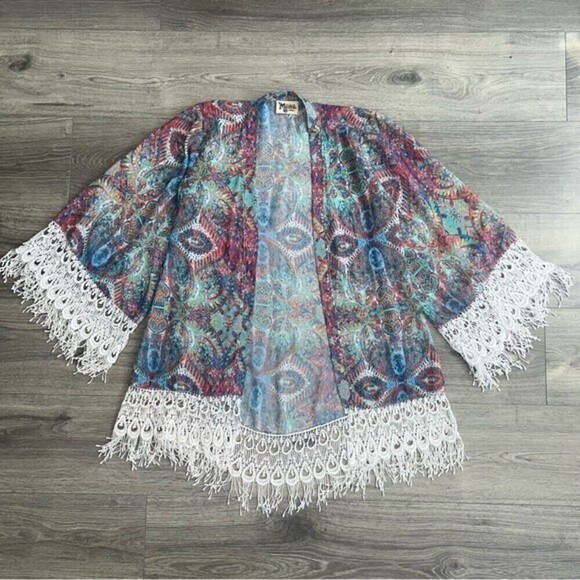Show Me Your Mumu Alsten Kimono Colorful Paisley White Lace Fringe Small - Picture 1 of 12